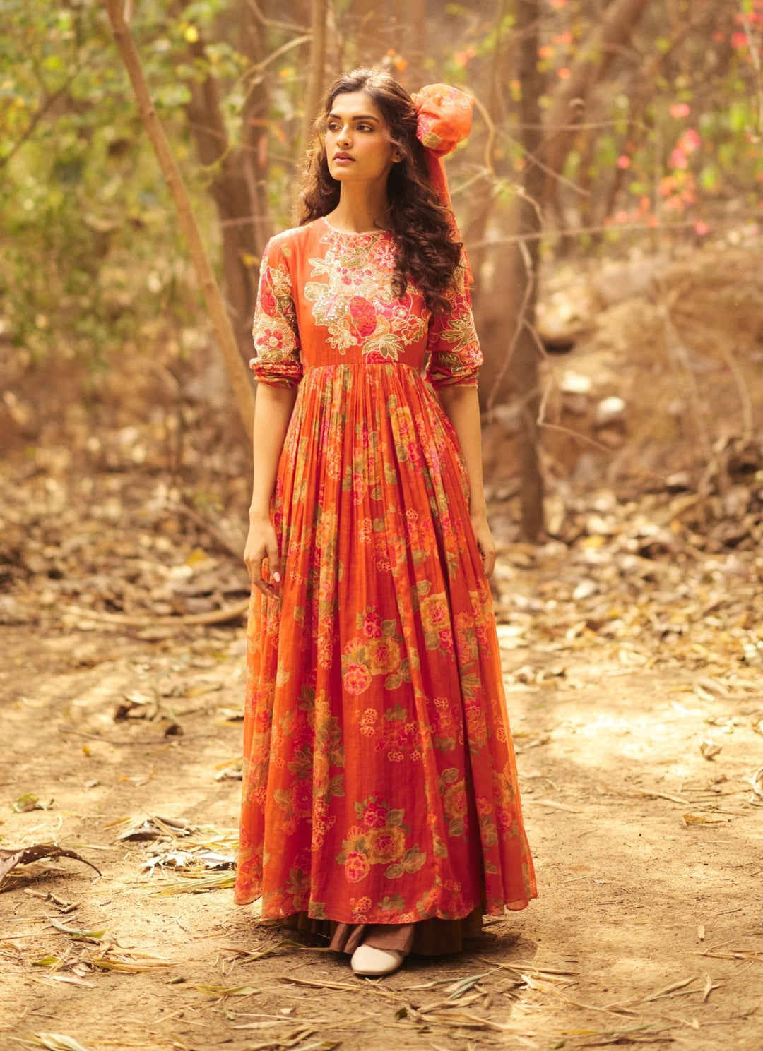 Red Floral Printed Chanderi Maxi Dress Paulmi and Harsh - Fabilicious Fashion