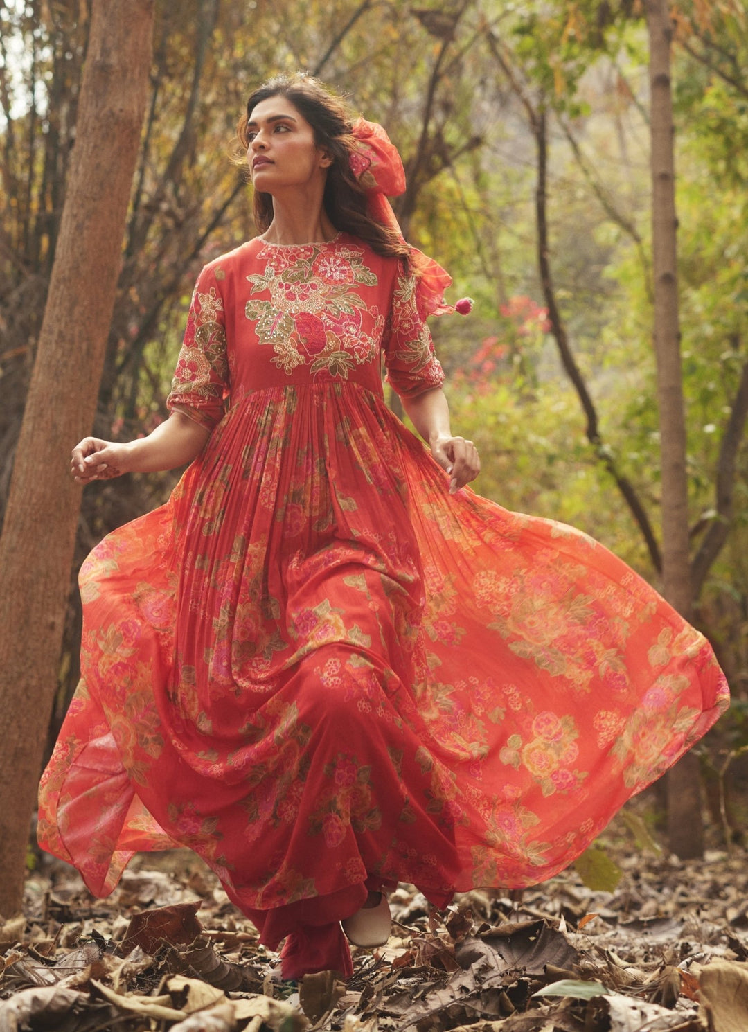 Red Floral Printed Chanderi Maxi Dress Paulmi and Harsh - Fabilicious Fashion