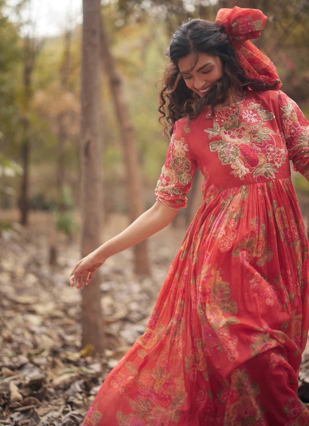 Red Floral Printed Chanderi Maxi Dress Paulmi and Harsh - Fabilicious Fashion