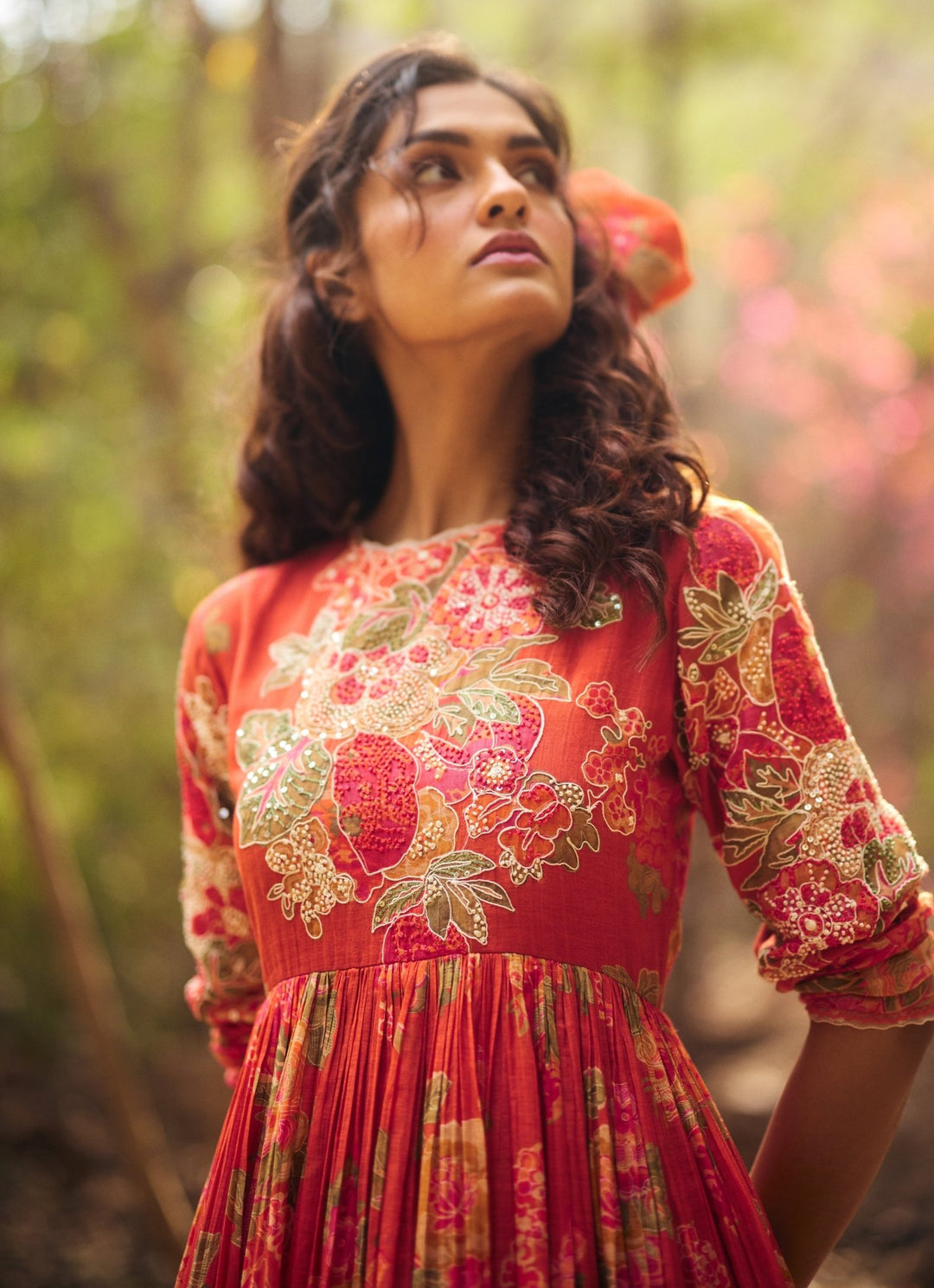 Red Floral Printed Chanderi Maxi Dress Paulmi and Harsh - Fabilicious Fashion