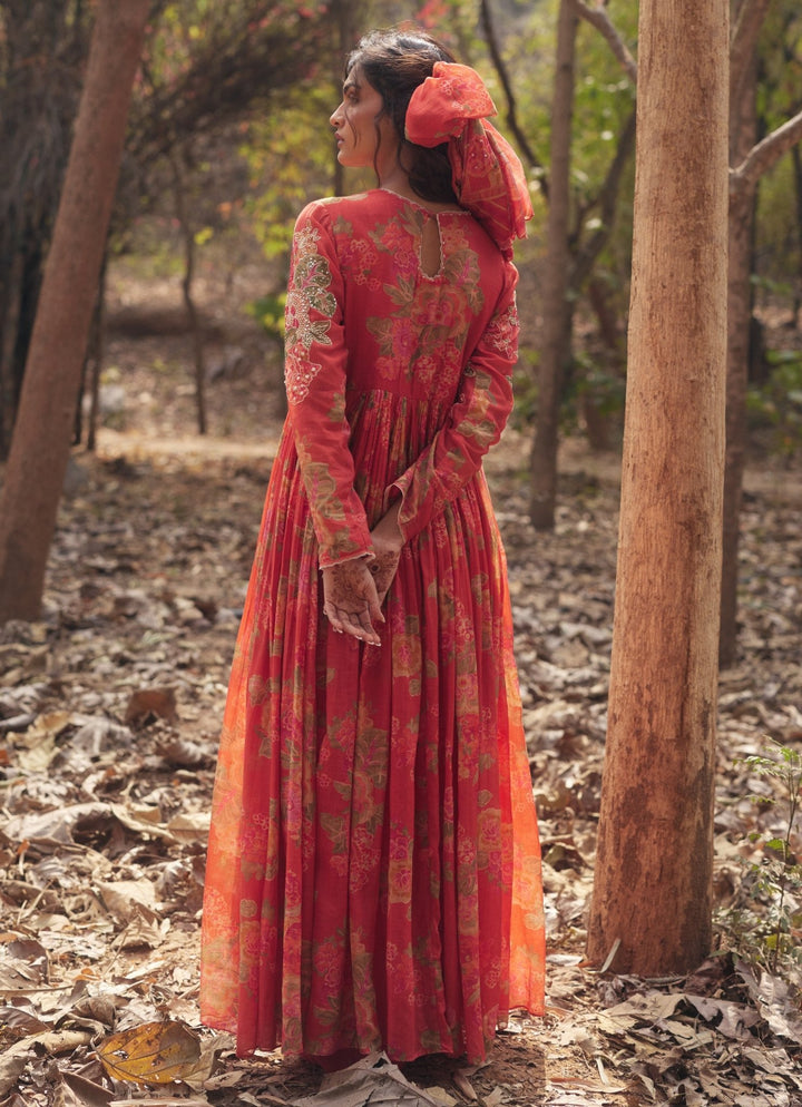 Red Floral Printed Chanderi Maxi Dress Paulmi and Harsh - Fabilicious Fashion