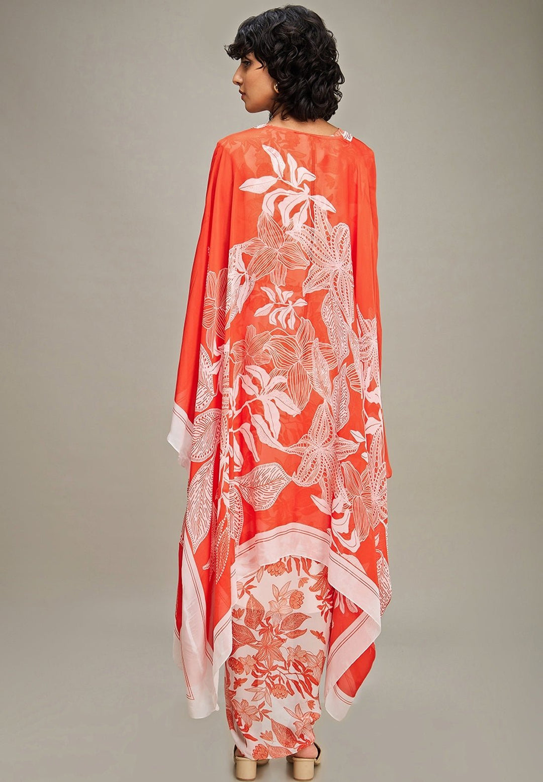Red Floral Printed Chiffon Draped Dress With Cape Soup By Sougat Paul - Fabilicious Fashion