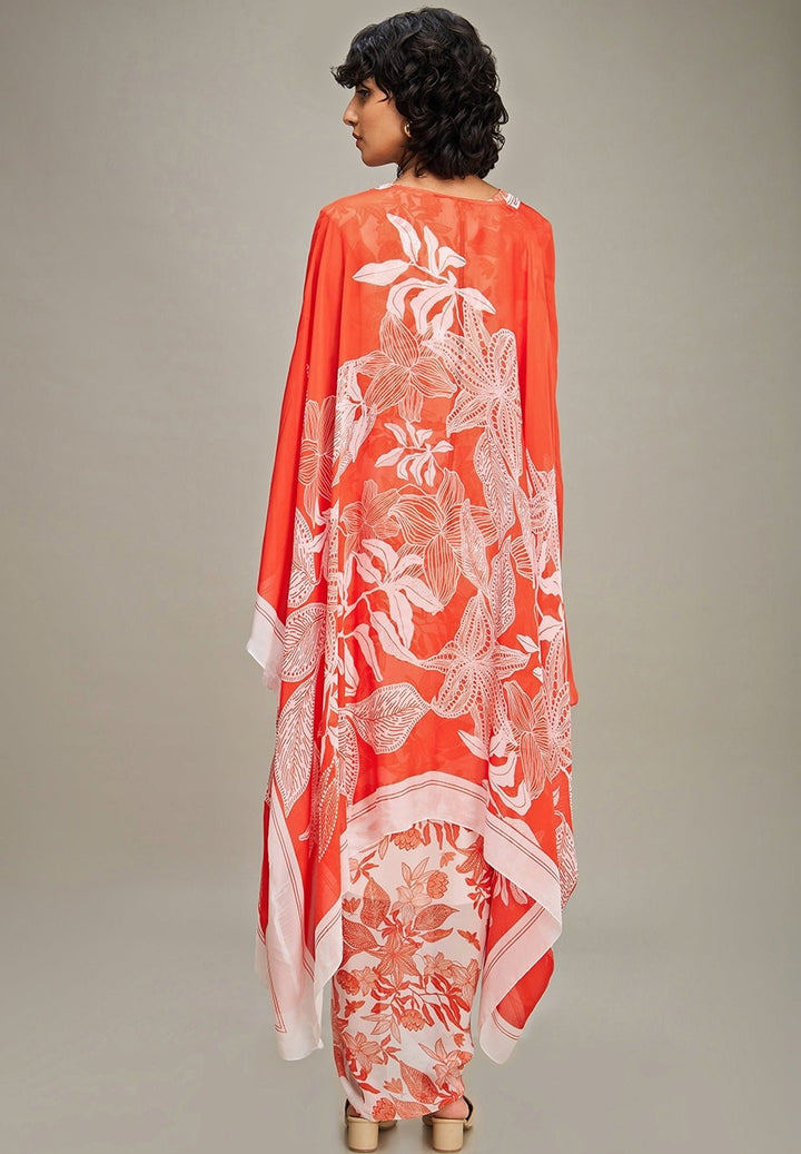 Red Floral Printed Chiffon Draped Dress With Cape Soup By Sougat Paul - Fabilicious Fashion