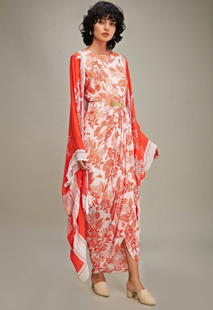 Red Floral Printed Chiffon Draped Dress With Cape Soup By Sougat Paul - Fabilicious Fashion