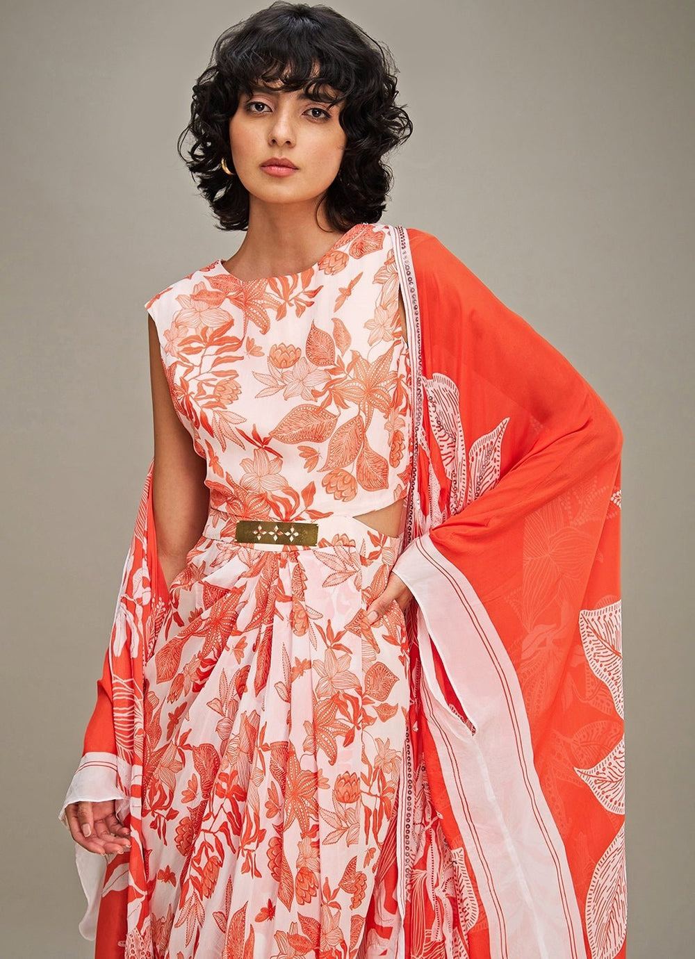 Red Floral Printed Chiffon Draped Dress With Cape Soup By Sougat Paul - Fabilicious Fashion