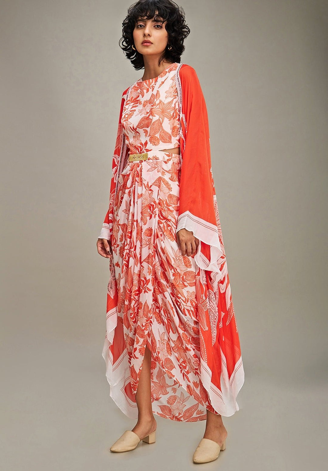 Red Floral Printed Chiffon Draped Dress With Cape Soup By Sougat Paul - Fabilicious Fashion