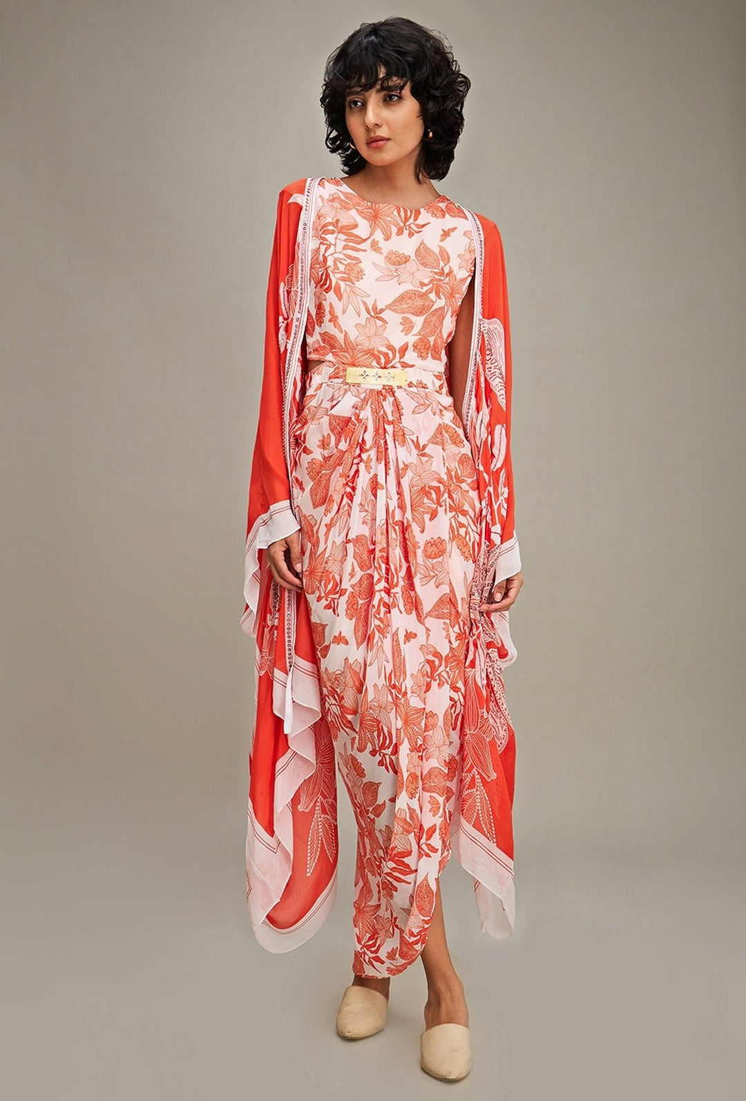Red Floral Printed Chiffon Draped Dress With Cape Soup By Sougat Paul - Fabilicious Fashion