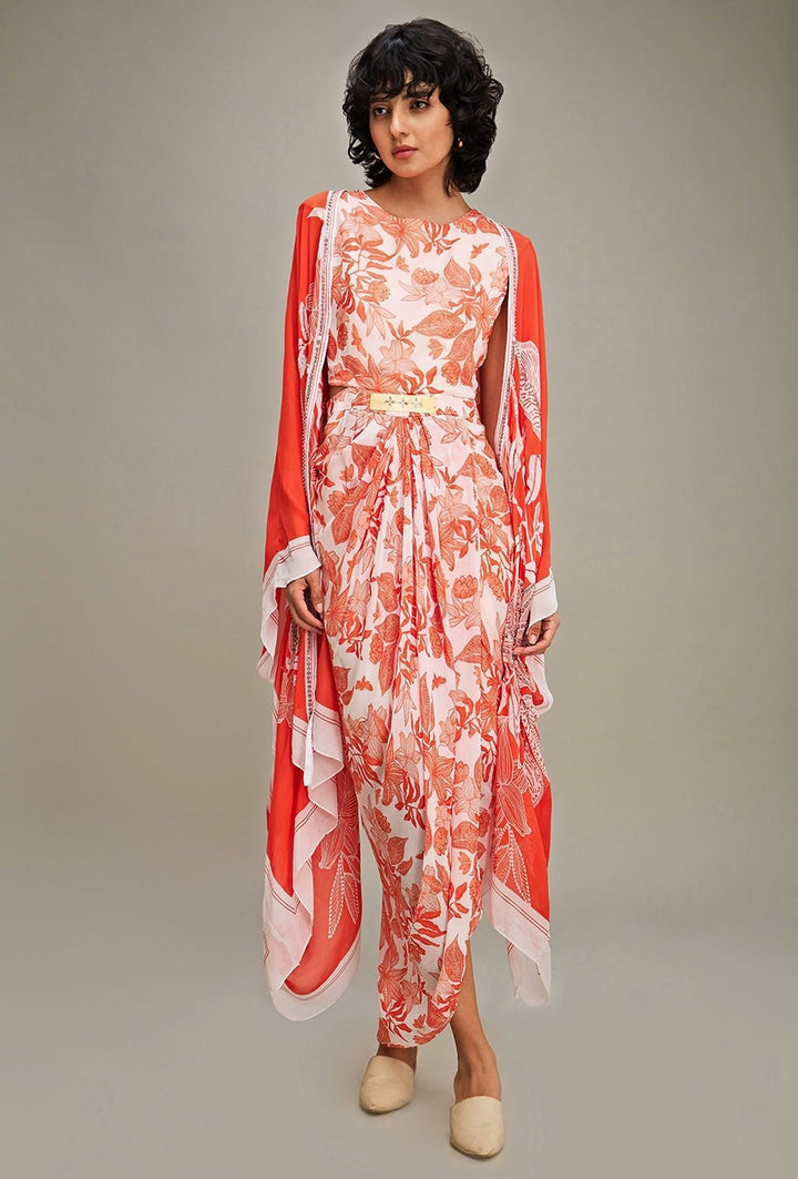 Red Floral Printed Chiffon Draped Dress With Cape Soup By Sougat Paul - Fabilicious Fashion