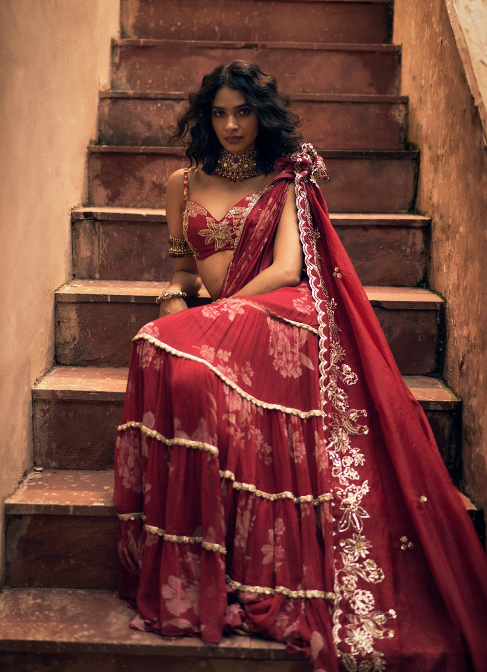 Red Floral Printed Chiffon Predraped Saree Paulmi and Harsh - Fabilicious Fashion