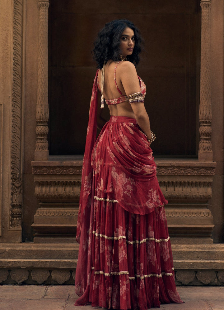 Red Floral Printed Chiffon Predraped Saree Paulmi and Harsh - Fabilicious Fashion