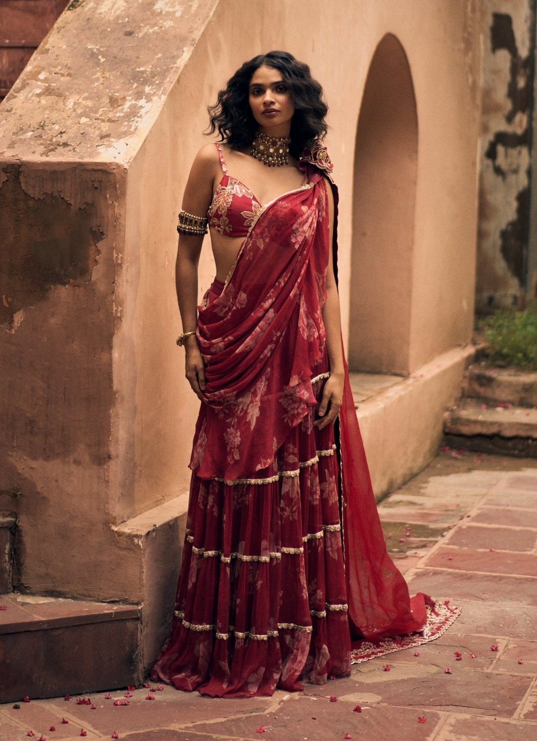 Red Floral Printed Chiffon Predraped Saree Paulmi and Harsh - Fabilicious Fashion