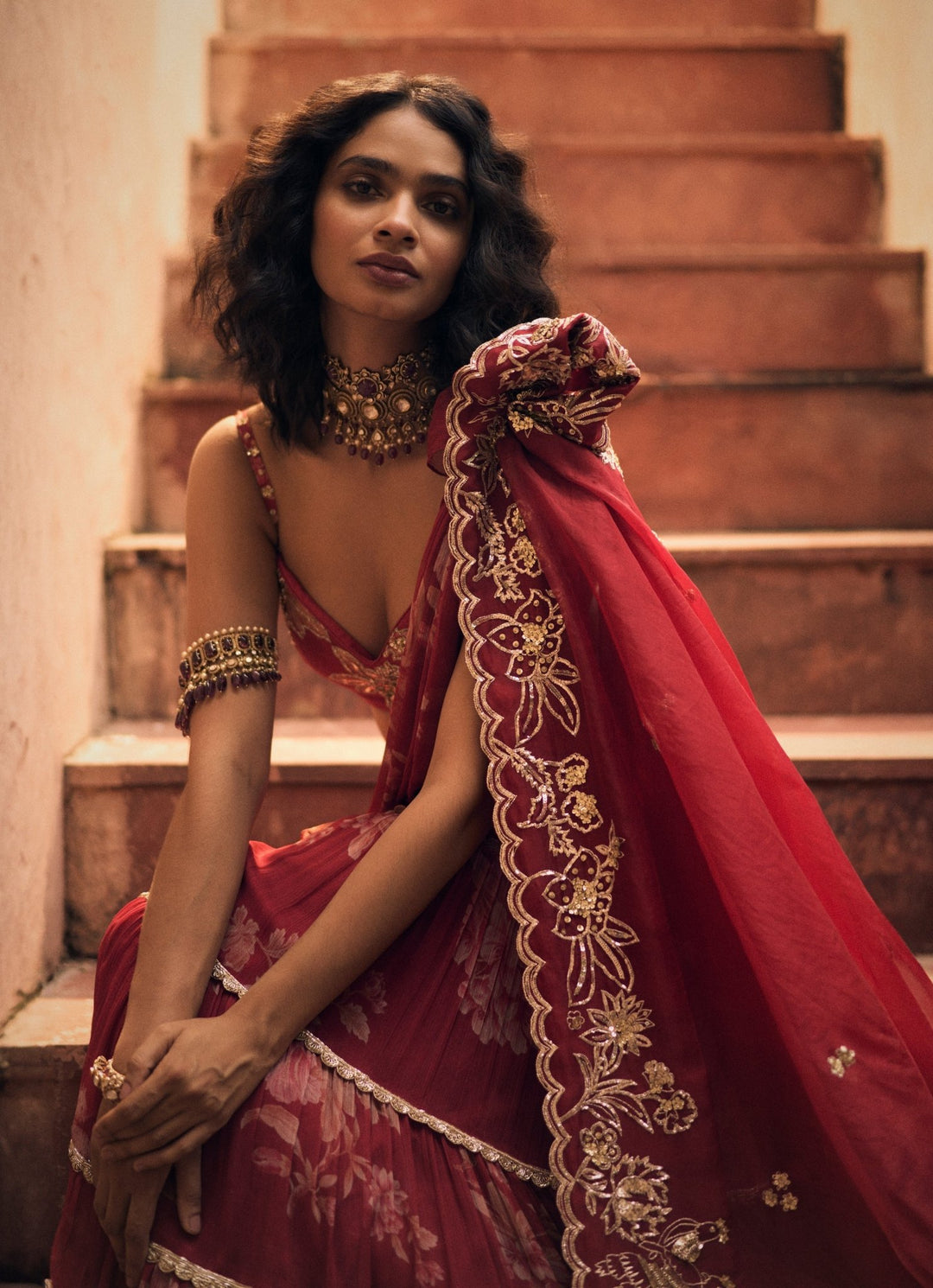 Red Floral Printed Chiffon Predraped Saree Paulmi and Harsh - Fabilicious Fashion