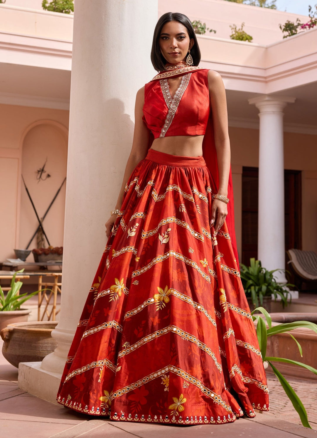 Red Floral Printed Embroidered Silk Lehenga Isha Gupta Tayal - Fabilicious Fashion