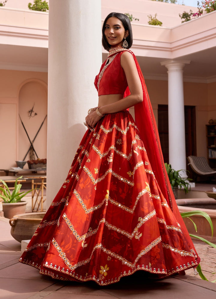 Red Floral Printed Embroidered Silk Lehenga Isha Gupta Tayal - Fabilicious Fashion