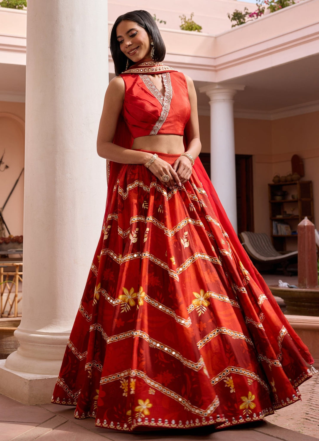 Red Floral Printed Embroidered Silk Lehenga Isha Gupta Tayal - Fabilicious Fashion
