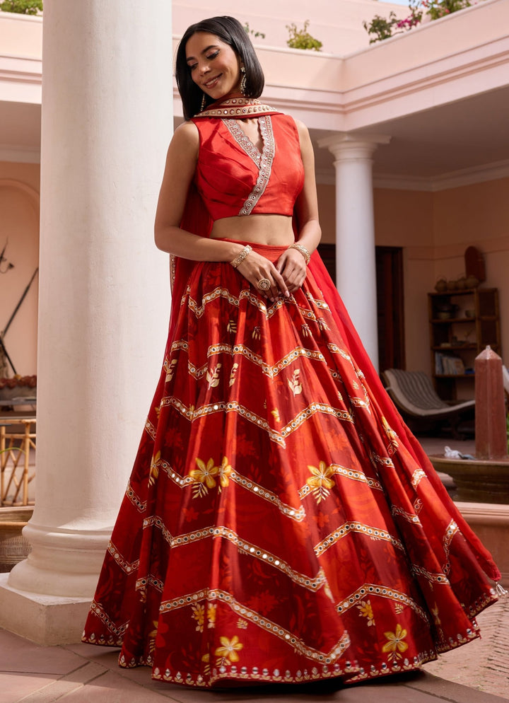 Red Floral Printed Embroidered Silk Lehenga Isha Gupta Tayal - Fabilicious Fashion