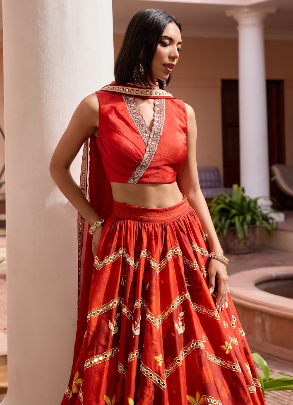 Red Floral Printed Embroidered Silk Lehenga Isha Gupta Tayal - Fabilicious Fashion