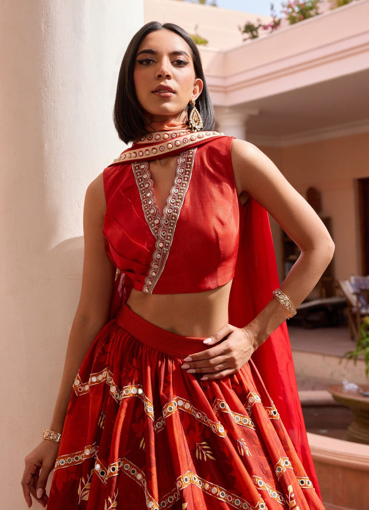 Red Floral Printed Embroidered Silk Lehenga Isha Gupta Tayal - Fabilicious Fashion