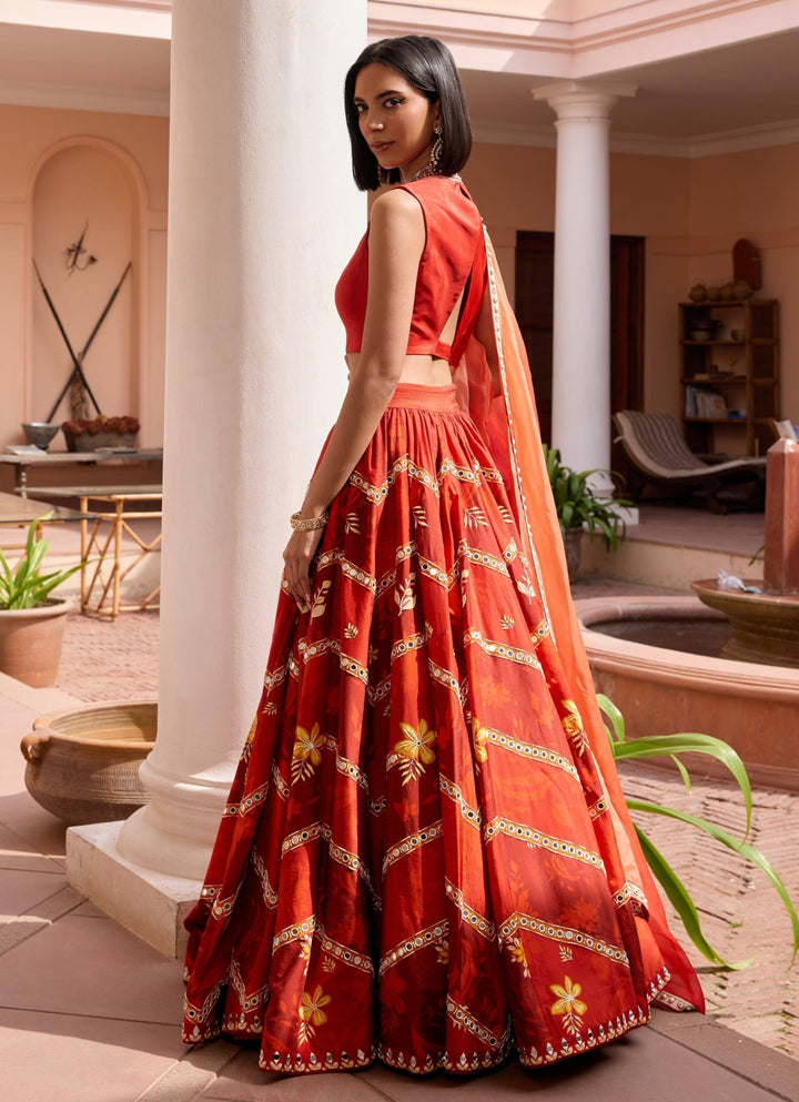 Red Floral Printed Embroidered Silk Lehenga Isha Gupta Tayal - Fabilicious Fashion