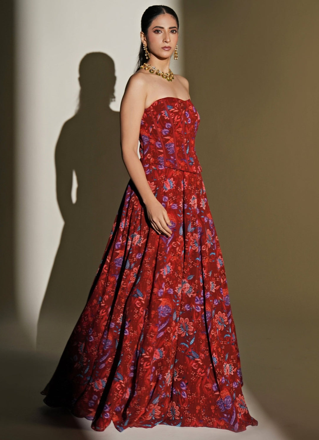 Red Floral Printed Georgette Corset Lehenga Set Kiyohra - Fabilicious Fashion
