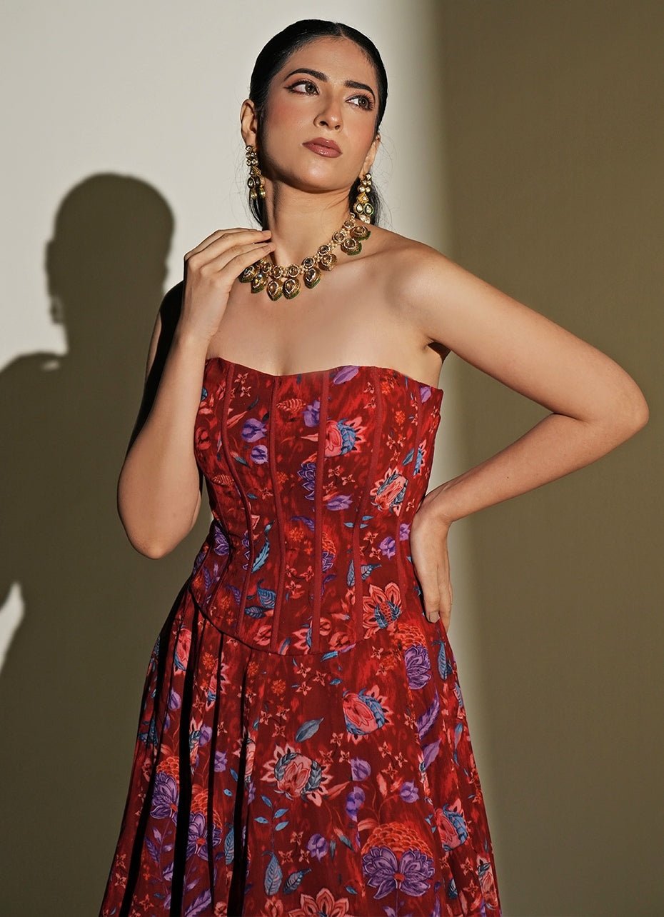 Red Floral Printed Georgette Corset Lehenga Set Kiyohra - Fabilicious Fashion