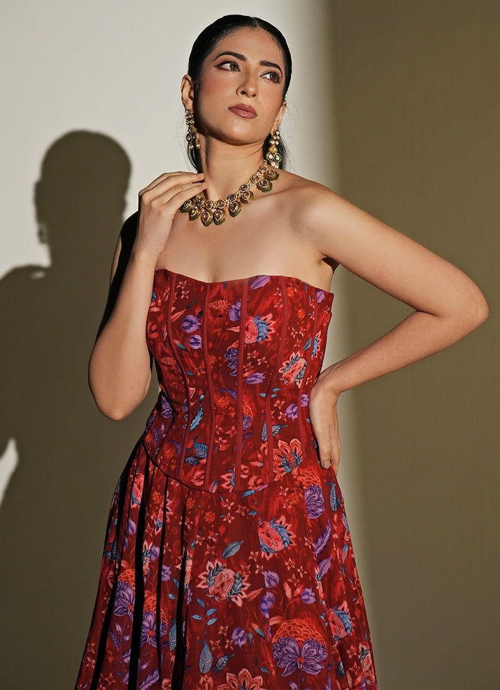 Red Floral Printed Georgette Corset Lehenga Set Kiyohra - Fabilicious Fashion