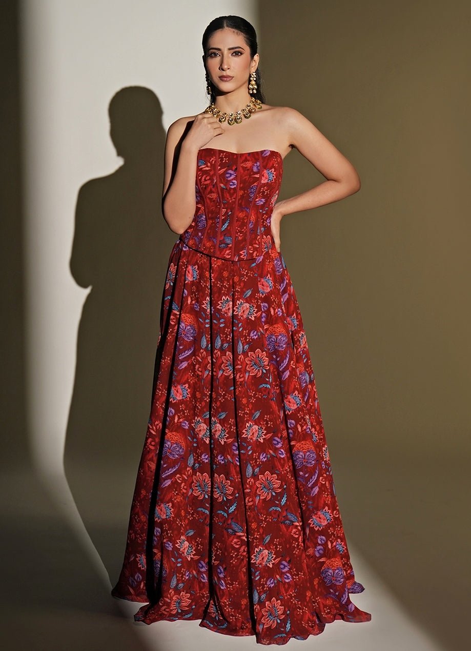 Red Floral Printed Georgette Corset Lehenga Set Kiyohra - Fabilicious Fashion