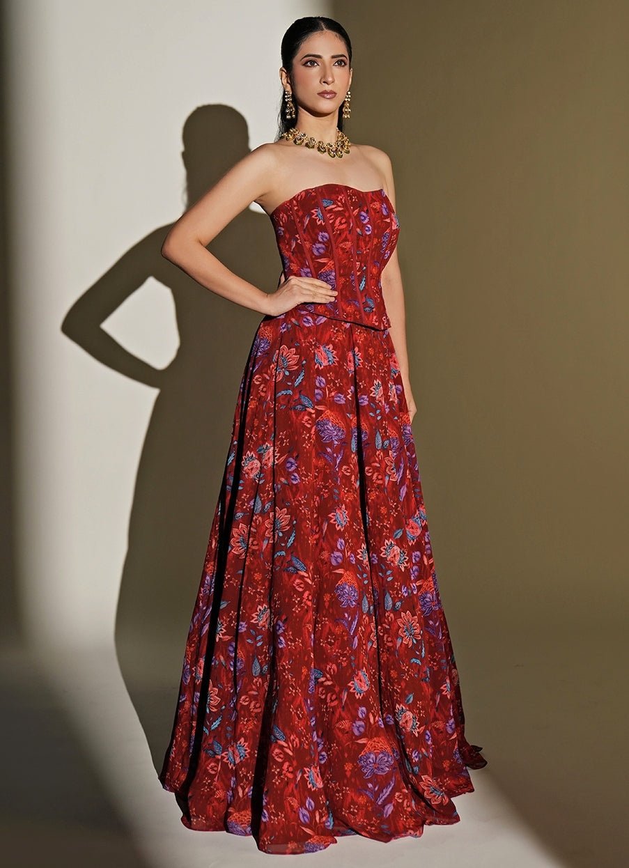 Red Floral Printed Georgette Corset Lehenga Set Kiyohra - Fabilicious Fashion