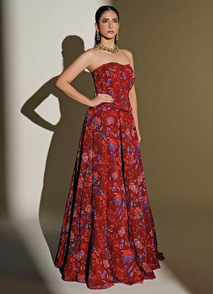 Red Floral Printed Georgette Corset Lehenga Set Kiyohra - Fabilicious Fashion