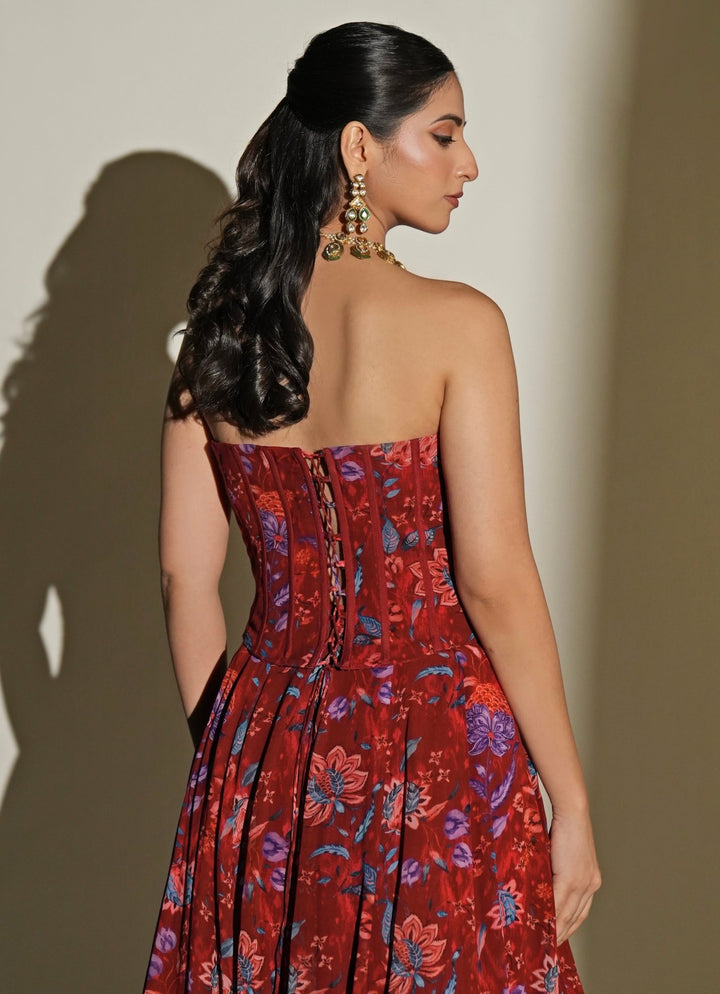 Red Floral Printed Georgette Corset Lehenga Set Kiyohra - Fabilicious Fashion
