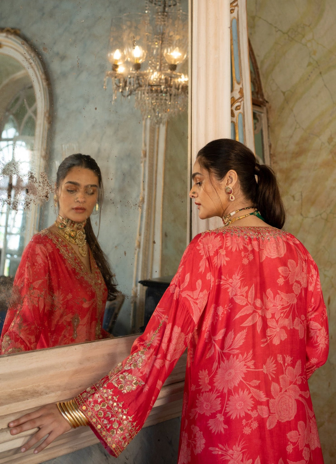 Red Floral Printed Kurta Pants Set Paulmi and Harsh - Fabilicious Fashion