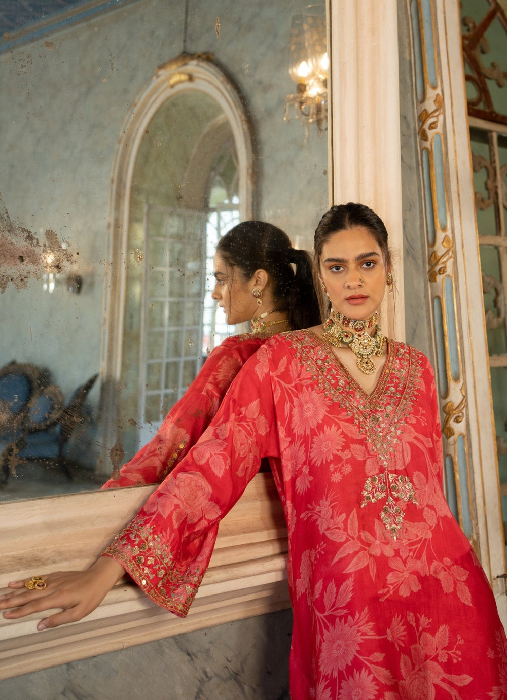 Red Floral Printed Kurta Pants Set Paulmi and Harsh - Fabilicious Fashion