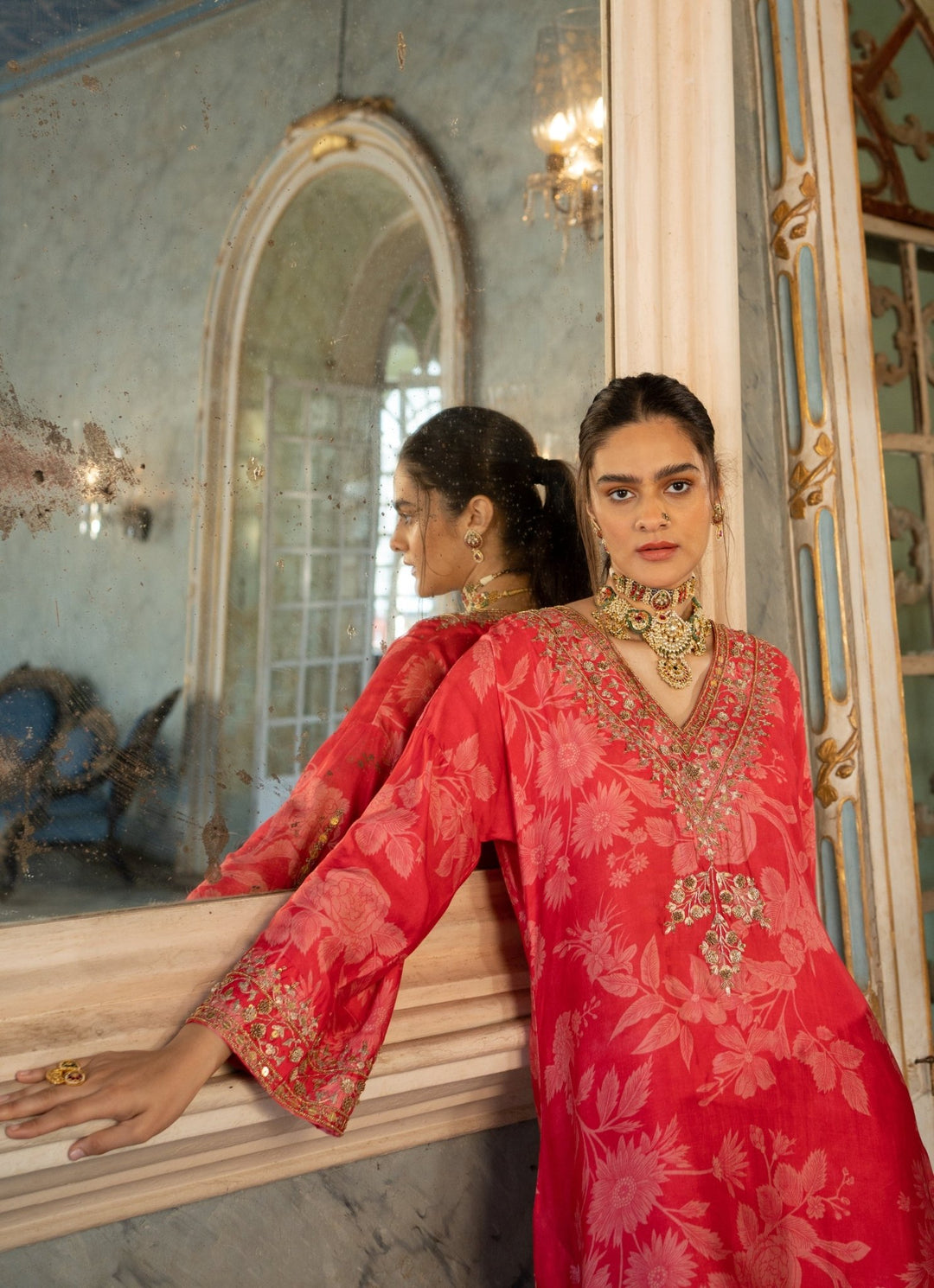 Red Floral Printed Kurta Pants Set Paulmi and Harsh - Fabilicious Fashion