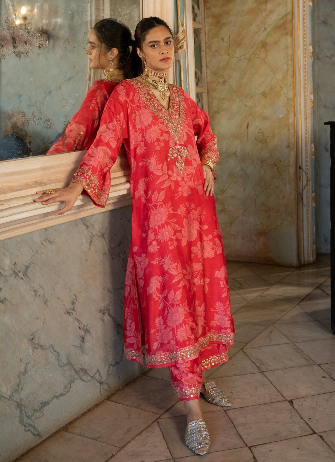 Red Floral Printed Kurta Pants Set Paulmi and Harsh - Fabilicious Fashion