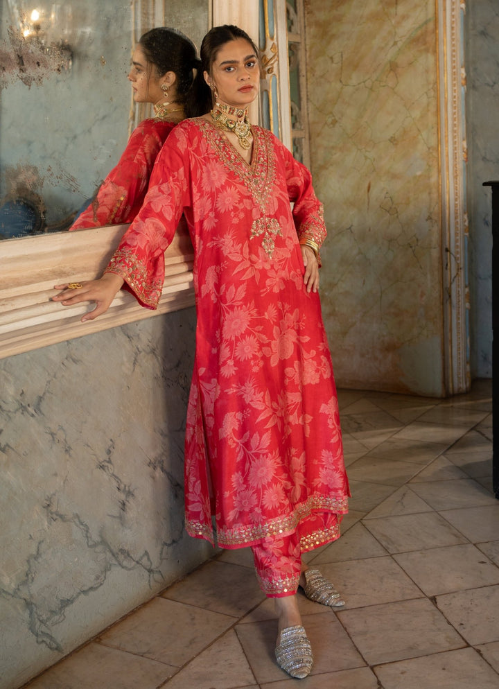 Red Floral Printed Kurta Pants Set Paulmi and Harsh - Fabilicious Fashion