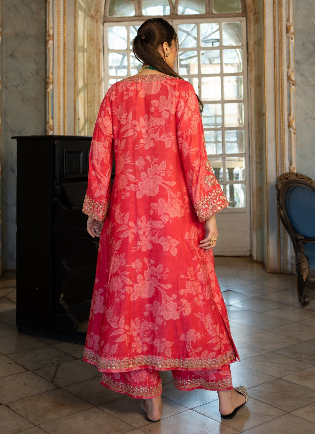 Red Floral Printed Kurta Pants Set Paulmi and Harsh - Fabilicious Fashion