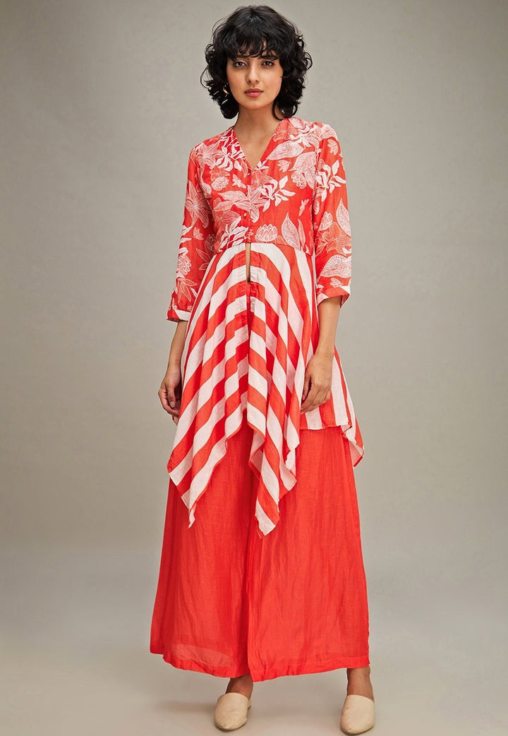 Red Floral Printed Line Kurta And Palazzo Set Soup By Sougat Paul - Fabilicious Fashion