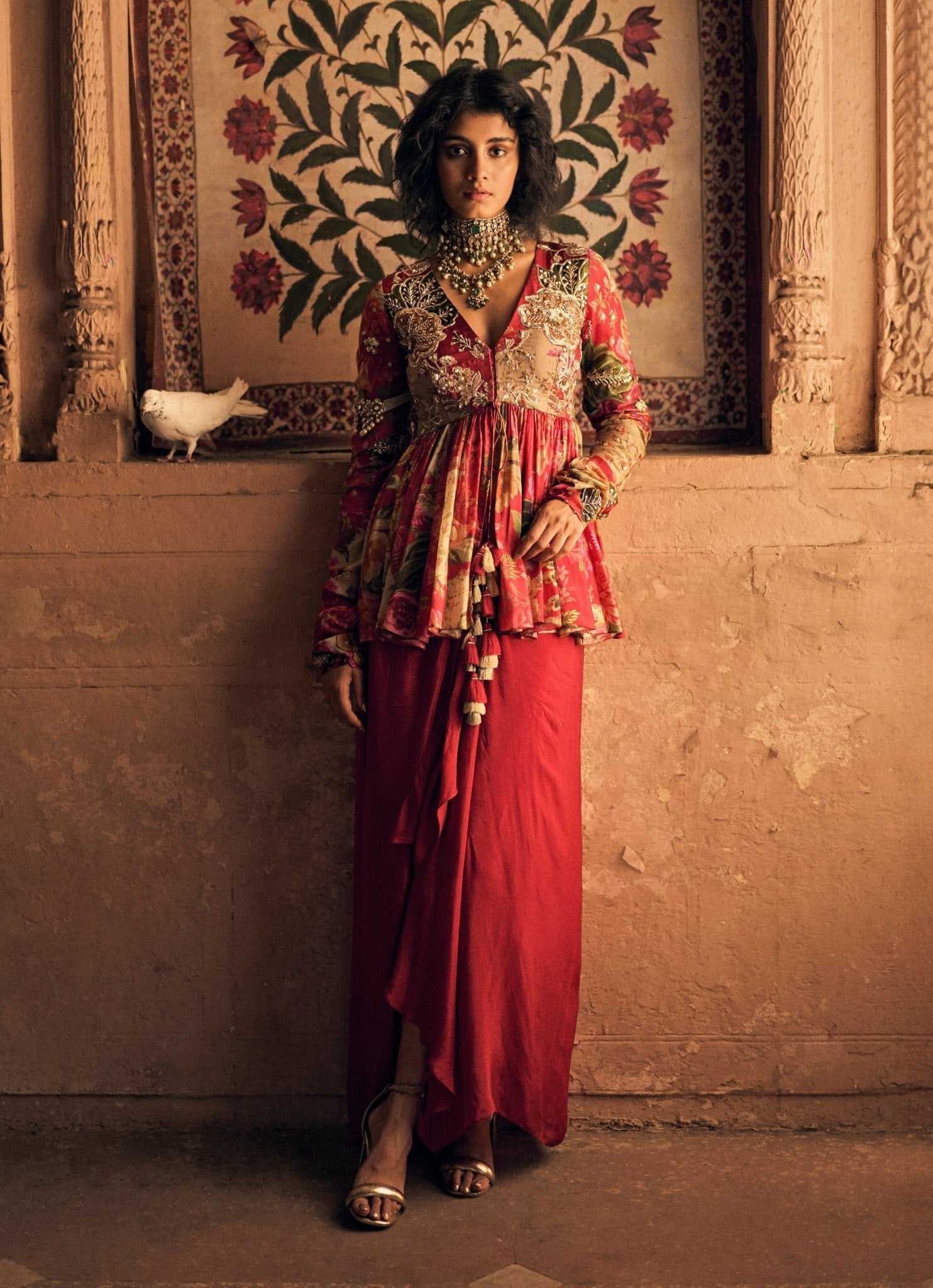 Red floral printed kurta set — destination wedding festive daytime look