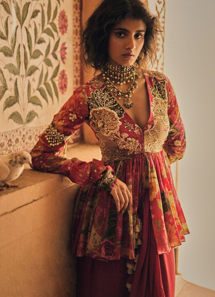 Red Floral Printed Peplum Kurta With Skirt Paulmi and Harsh - Fabilicious Fashion