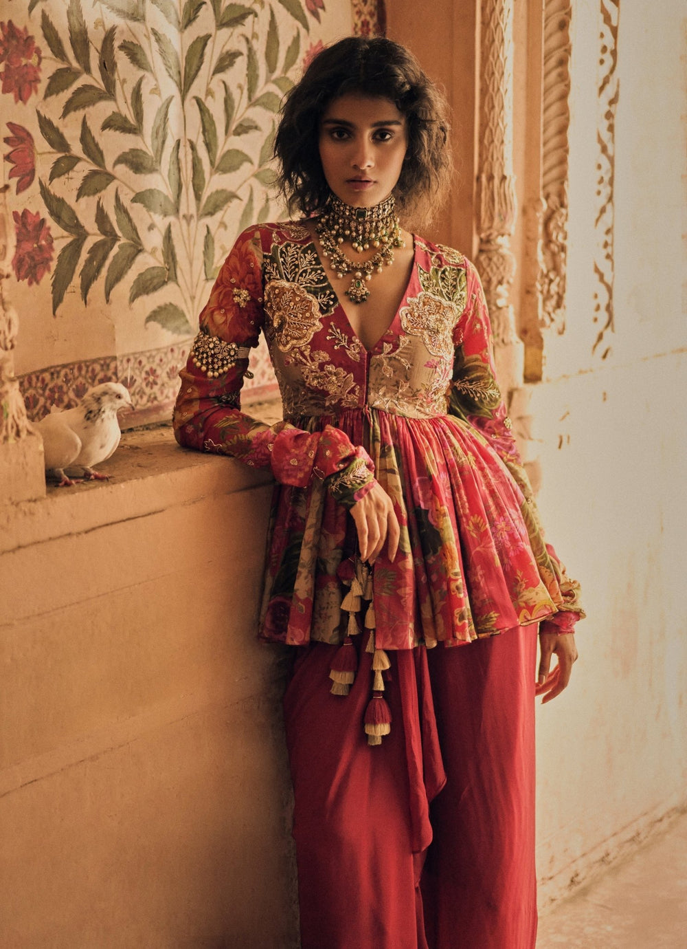 Red Floral Printed Peplum Kurta With Skirt Paulmi and Harsh - Fabilicious Fashion
