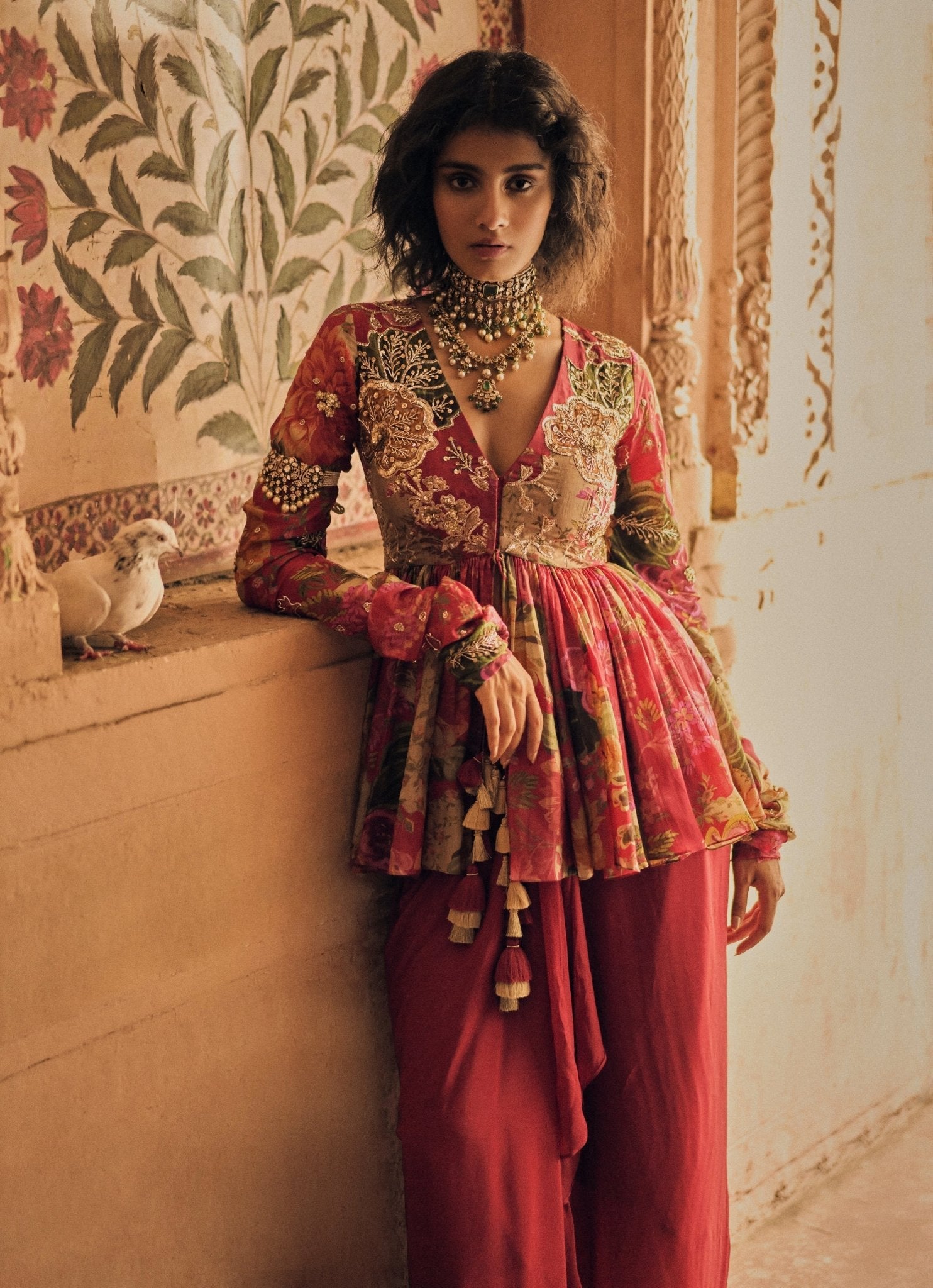 Paulmi and Harsh red floral printed peplum kurta with skirt — Lohri outfit for women