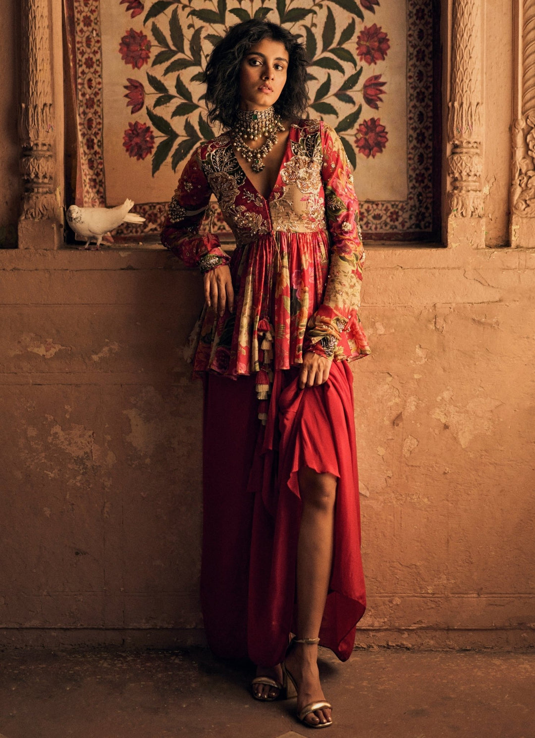 Red Floral Printed Peplum Kurta With Skirt Paulmi and Harsh - Fabilicious Fashion