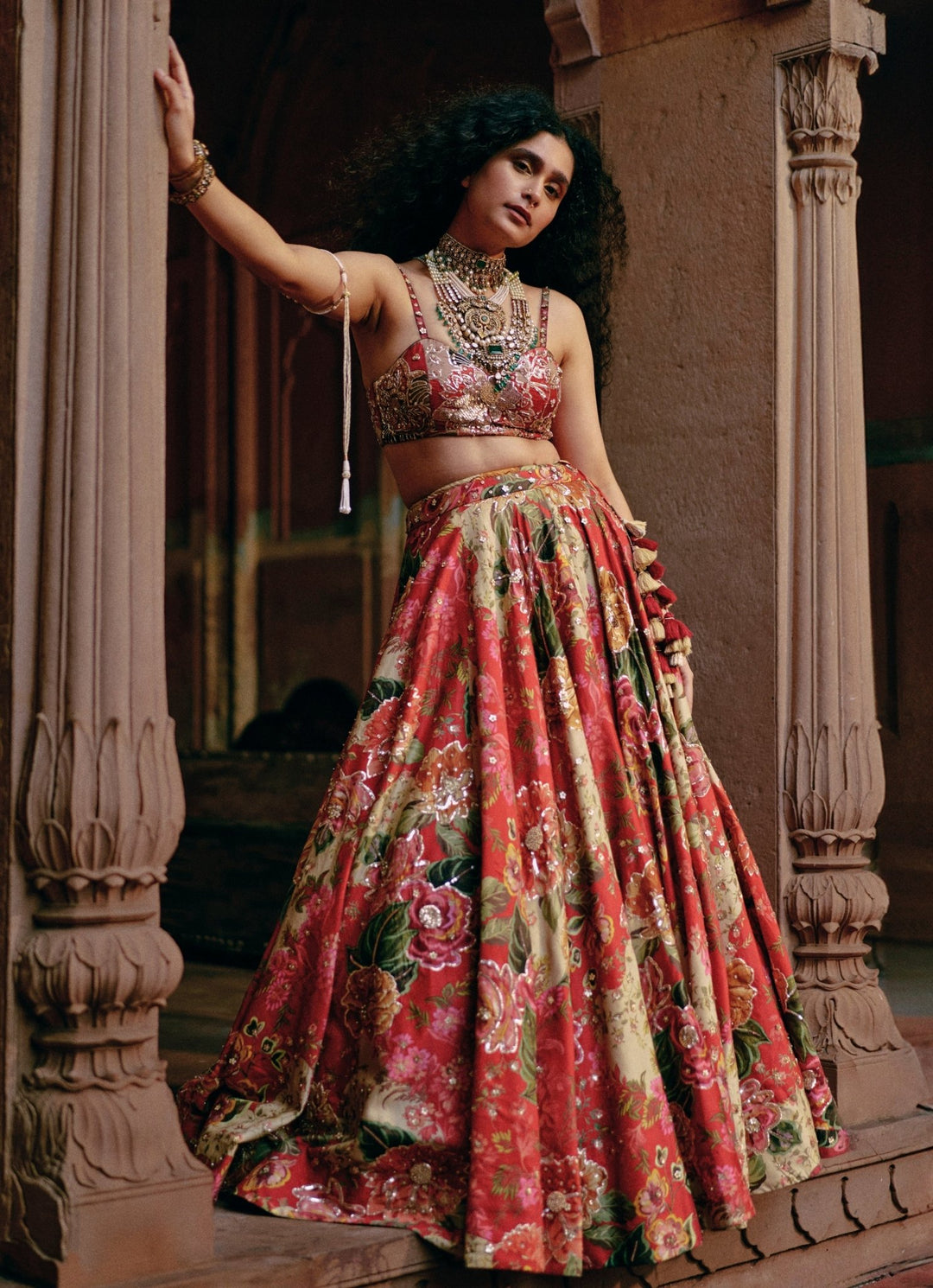 Red Floral Printed Silk Lehenga Set Paulmi and Harsh - Fabilicious Fashion