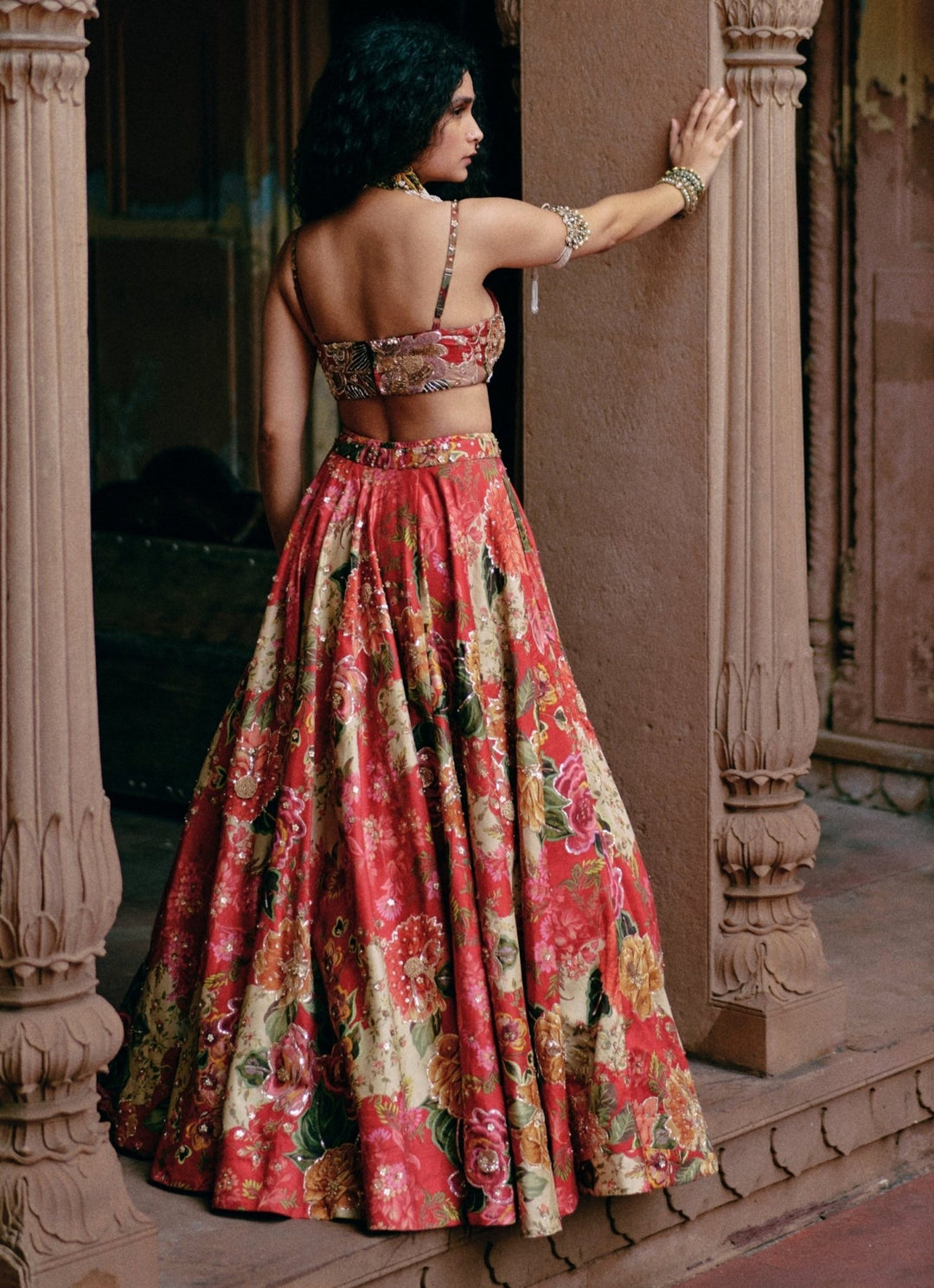 Red Floral Printed Silk Lehenga Set Paulmi and Harsh - Fabilicious Fashion