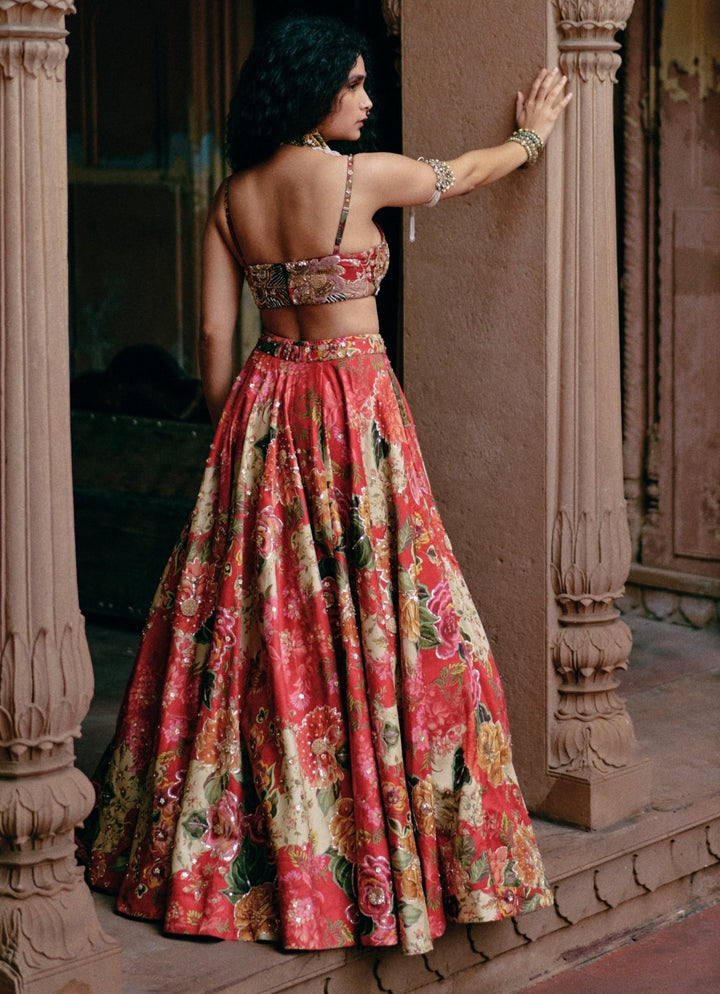 Red Floral Printed Silk Lehenga Set Paulmi and Harsh - Fabilicious Fashion