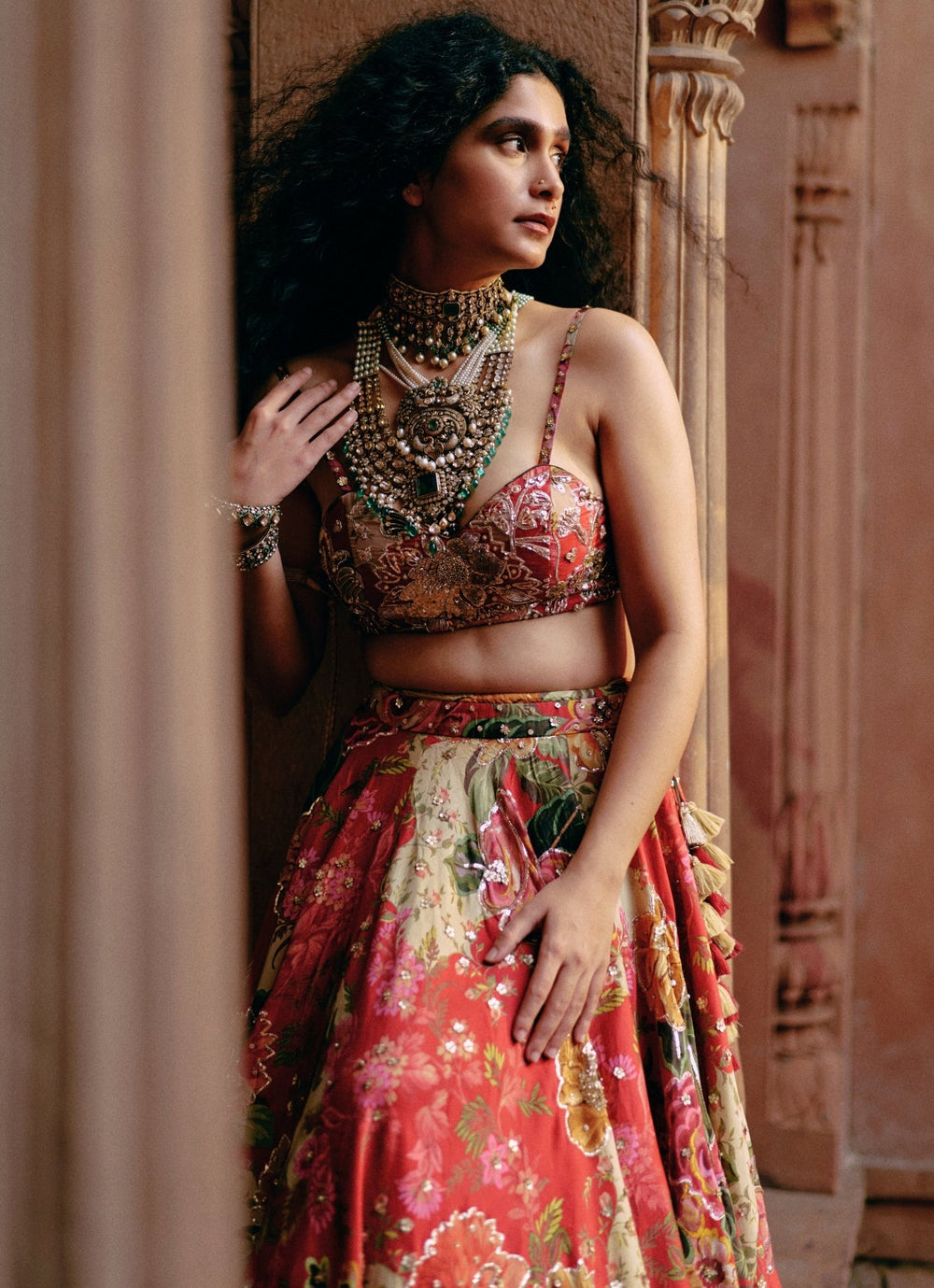 Red Floral Printed Silk Lehenga Set Paulmi and Harsh - Fabilicious Fashion