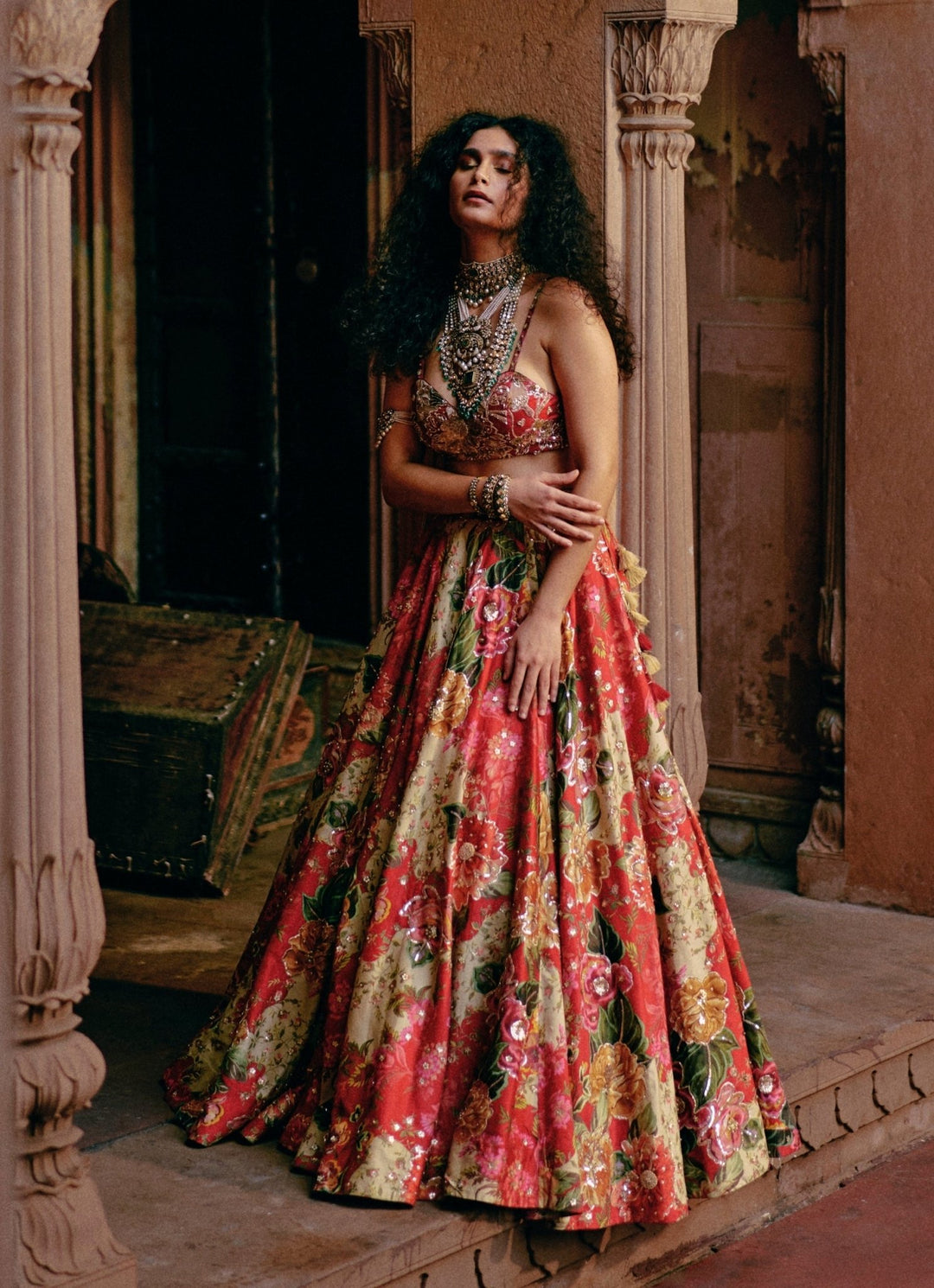Red Floral Printed Silk Lehenga Set Paulmi and Harsh - Fabilicious Fashion