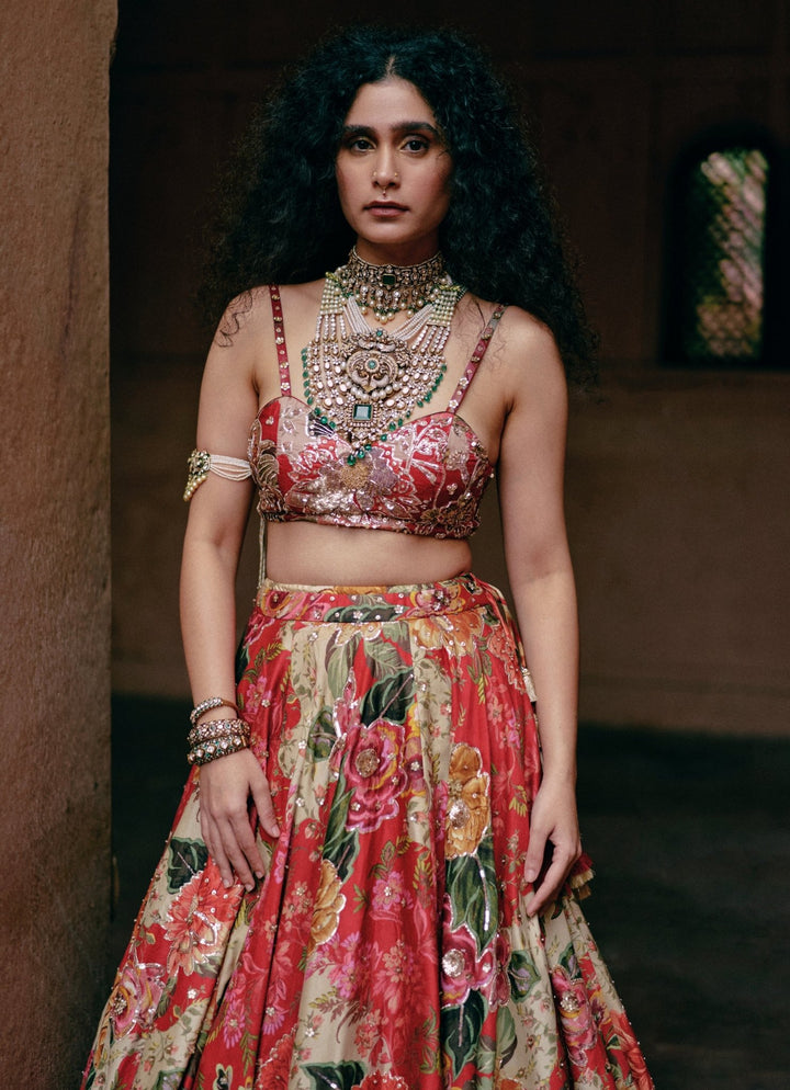 Red Floral Printed Silk Lehenga Set Paulmi and Harsh - Fabilicious Fashion