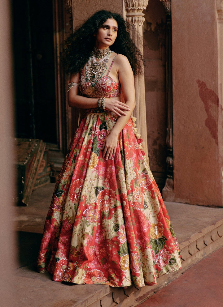 Red Floral Printed Silk Lehenga Set Paulmi and Harsh - Fabilicious Fashion