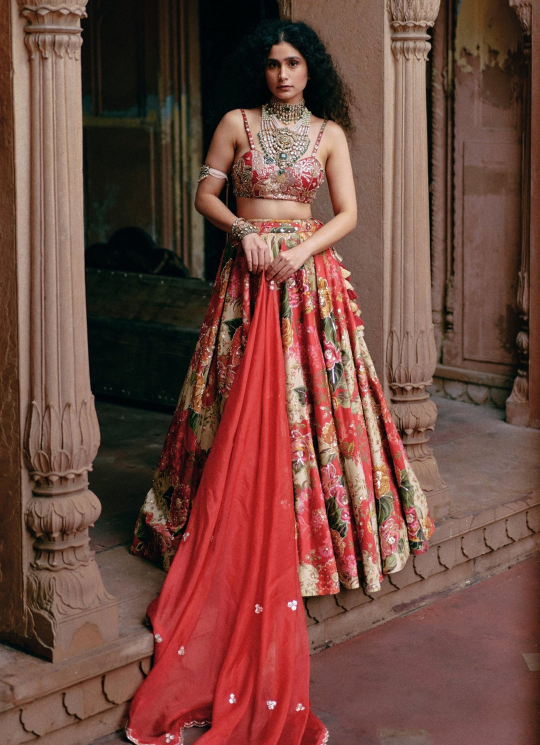 Red Floral Printed Silk Lehenga Set Paulmi and Harsh - Fabilicious Fashion